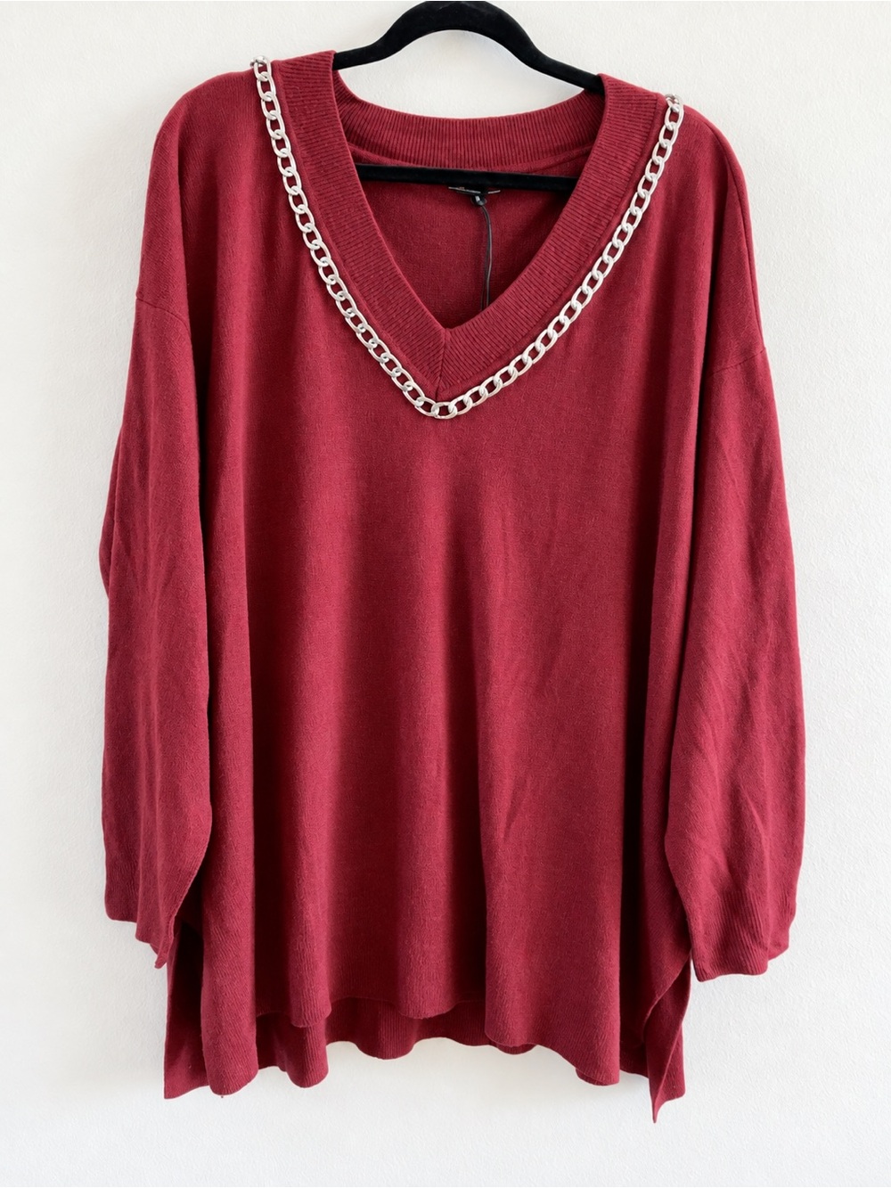 V-Neck Chain-Trim Oversized Sweater - Burgundy